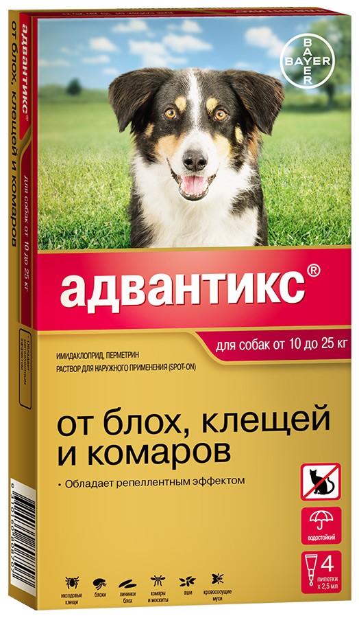 Advantix Gold 250/ Адвантикс Голд 250  капли на холку для защиты собак от клещей, блох и комаров (10-25 кг) 1 пипетка 