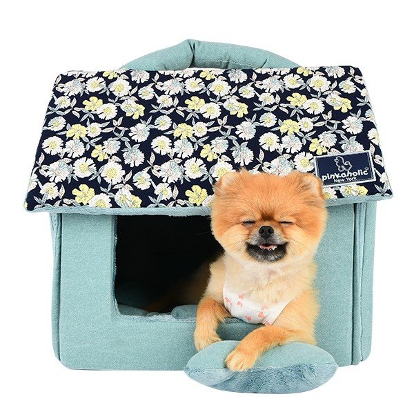 Лежанка-домик с цветастой крышей "Зинния", 45х40х22 см, голубой  