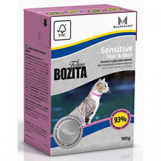 Bozita With Sensitive Hair&Skin/ Кусочки  с лососем в желе для кожи и шерсти кошек 190г купить