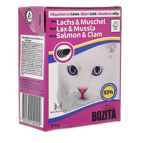 Bozita With  Salmon & Clam/ Кусочки c лососем и мидиями  для кошек 370г купить